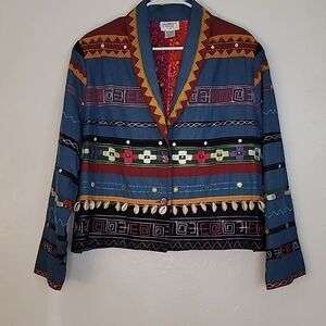 Minnies Closet Vintage Boho Aztex Color Pop Denim Embroidered Blazer Jacket